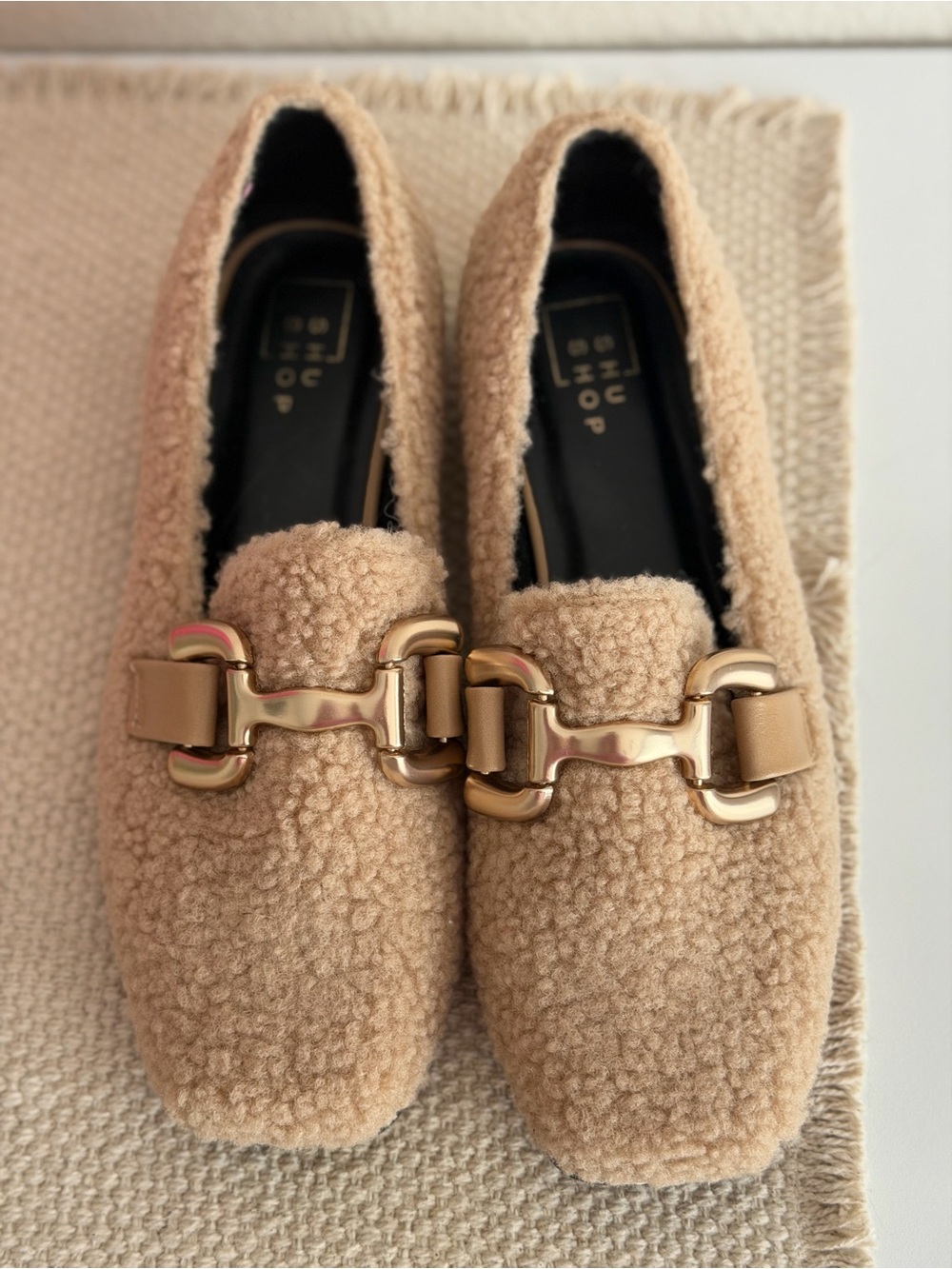 ShuShop Camel Faux Shearling Loafers with Gold Chain Accent